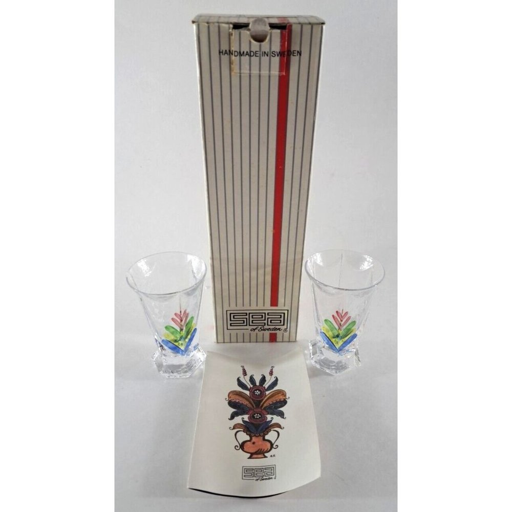 Vintage SEA Sweden Shot Glasses Rune Strand Kurbits Hand Painted Signed W Box 3"